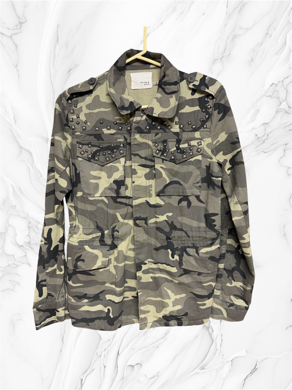 Rhyme & Echo Studded Camo Utility Jacket XS Olive Green